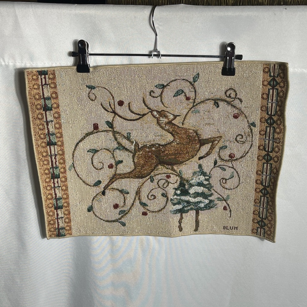 Vintage Deer Tapestry Placemat Woven Table Mat Signed BLUM Woodland Decor